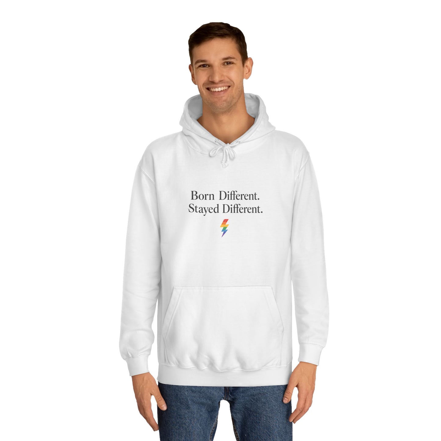 College Hoodie — "Born Different, Sacred Different" Lightning Bolt Graphic
