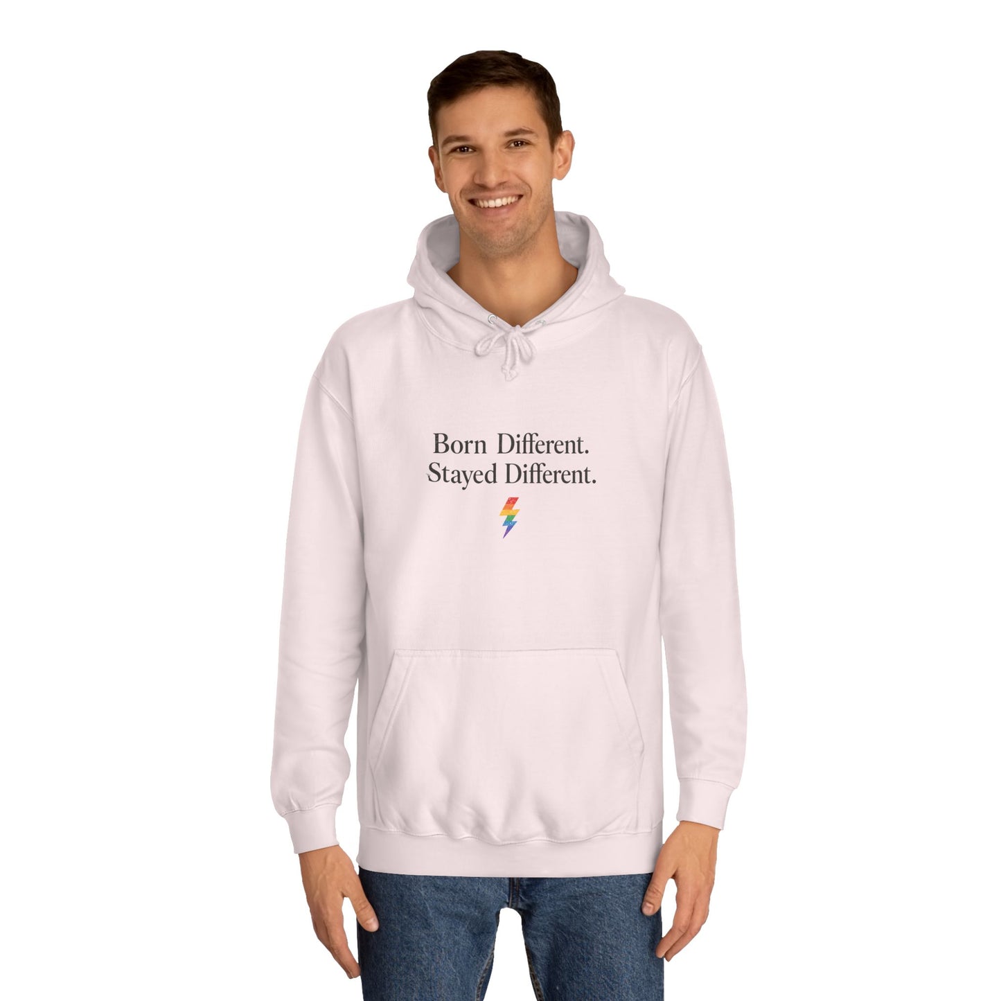 College Hoodie — "Born Different, Sacred Different" Lightning Bolt Graphic